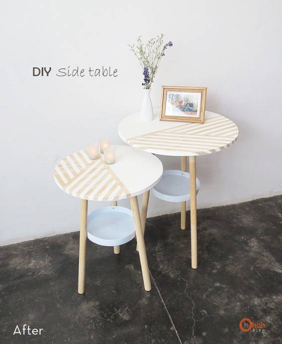 Two side tables of different sizes with stripes on the face.