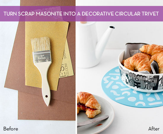 Two piece of brown construction paper, a piece of sand paper and a white paint brush and a croissant on a plate, a white coffee warmer and a black and white bowl of croissants on a blue circle with a white design on it.