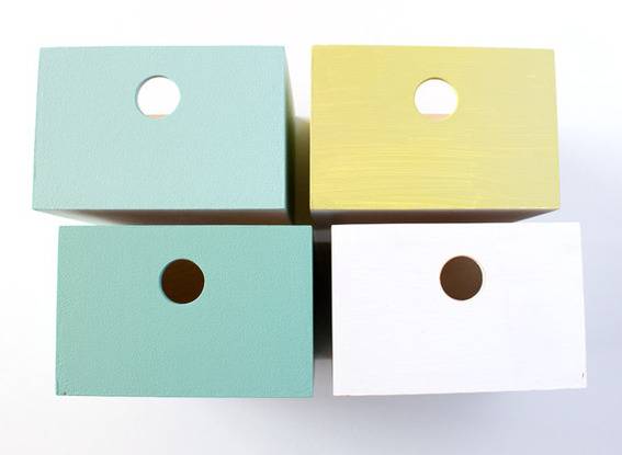 Storage boxes in blue white and yellow