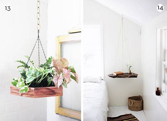 A potted plant has a square base and a bedroom is seen with a white bed.