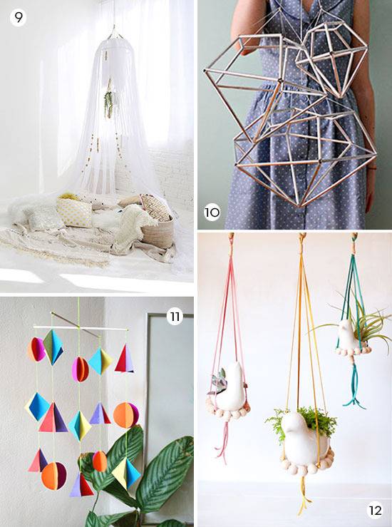 Mobile made of colorful sticks and second mobile with decorative 3-D paper shapes.