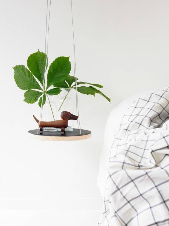 A hanging plant has a dachsund with it.