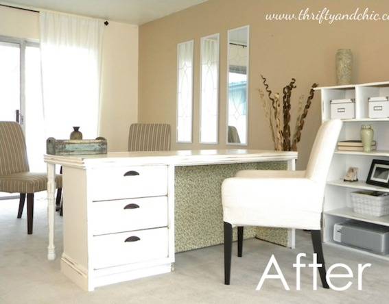 A home office with a white desk, white shelves, a white chaire and a tan wall.