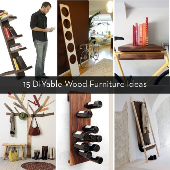 Different DIY wood furniture ideas are shown.