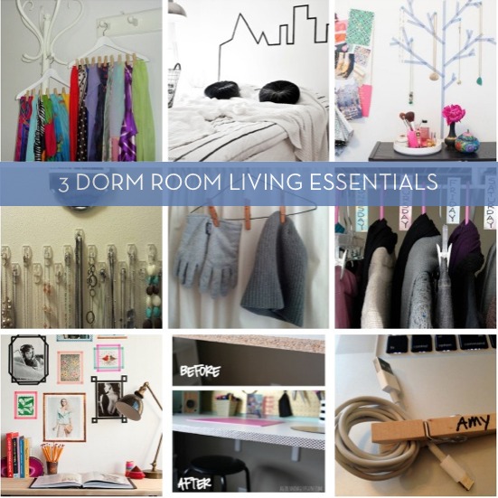 Several dorm living essentials are in different pictures.