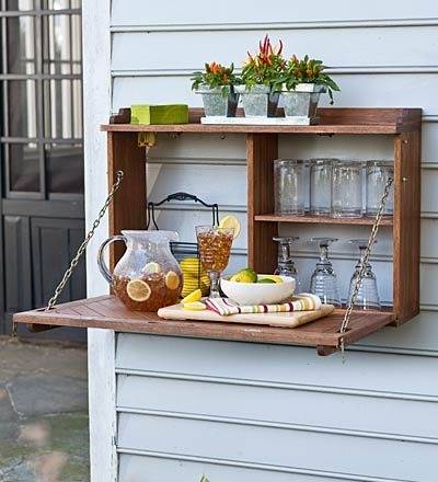 An outdoor case can be used to store glasses and hold and serve drinks.