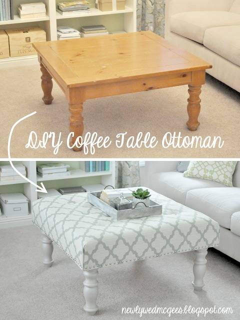 A traditional coffee table is upholstered with white and gray diamond patterned fabric and the legs are painted white.