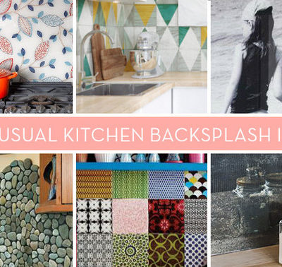 Kitchen backsplashes can be rocks, mismatched tiles, something reflective geometric, or leaf printed.