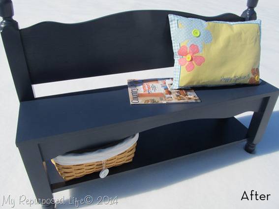 Black color bench with rack and designer pillow and book at the top.