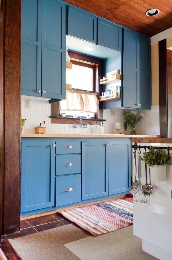 A set of blue cupboards in a kitchen.