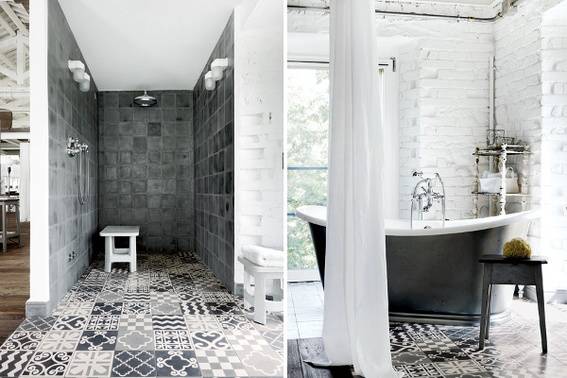 A white and bold dark bathroom with patterned floor tiles