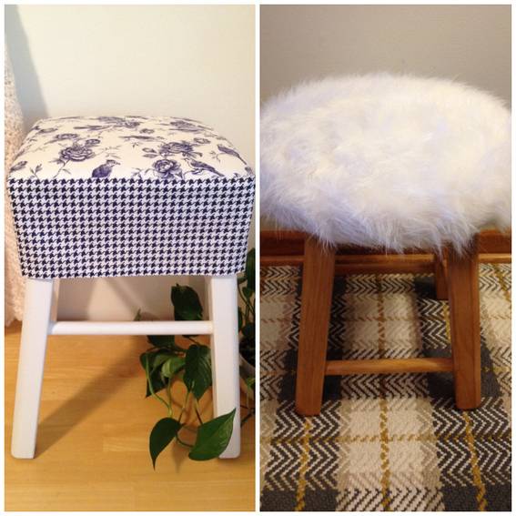Square wooden stool with cushioned fabric top.
