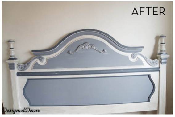 A grey and white ornate headboard.