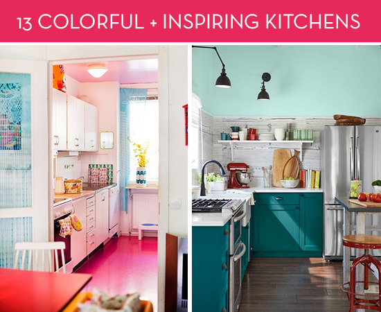 A colorful kitchen with red floors and a red table next to a kitchen painted bluish green.