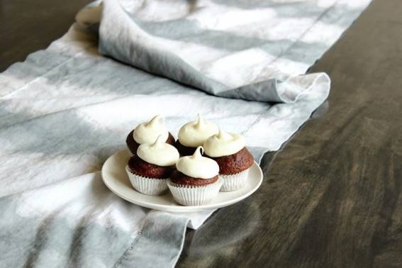 Five cupcakes on a plate on a piece of fabric.