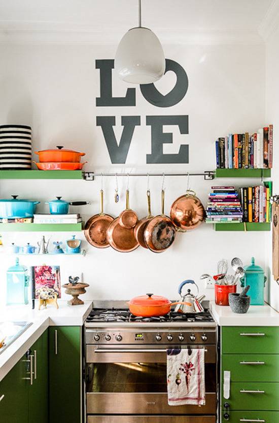 A well-organized kitchen with "LOVE" printed above the stove.