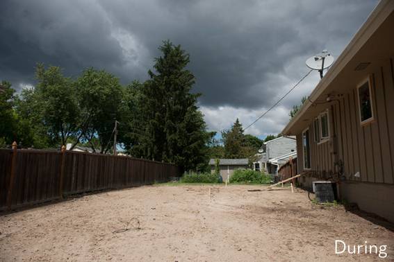 A backyard has its vegetation removed during a makeover.