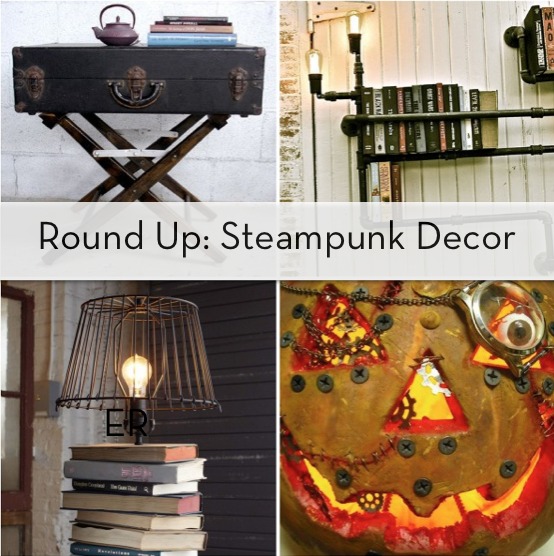 "Steampunk decorative items with olden suitcase,books and lamp."