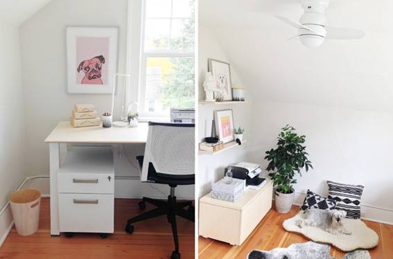 A room has a small white table and wooden floor.