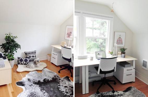 A double view of an office has desk, rugs and plants.
