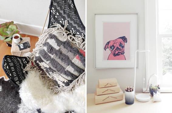 A double screen shows several fabric items next to home decor items.