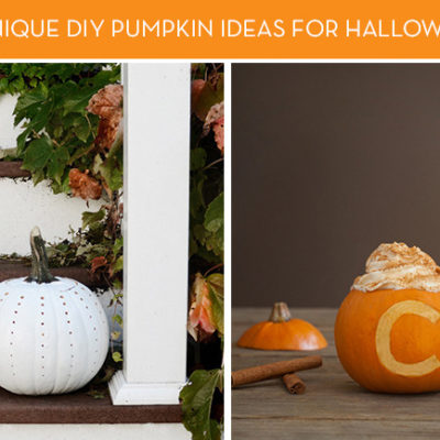 A white pumpkin on the steps and an orange pumpkin with a C carved on it.