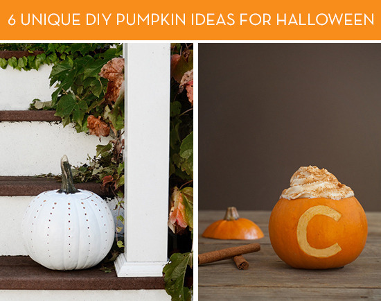 A white pumpkin on the steps and an orange pumpkin with a C carved on it.