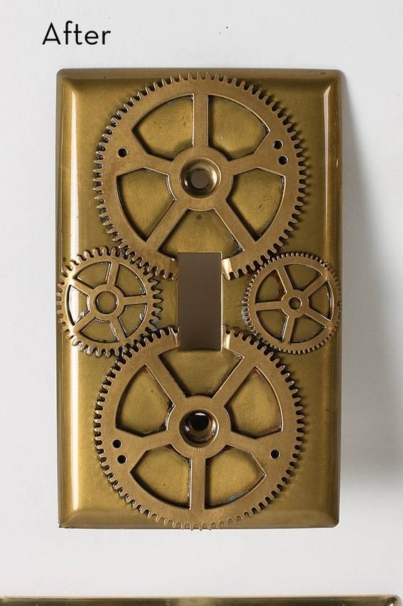 4 gears on a mustard colored light wall cover create a steampunk theme.