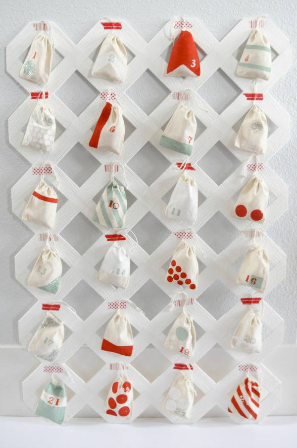 White wooden lattice styled as advent calendar.