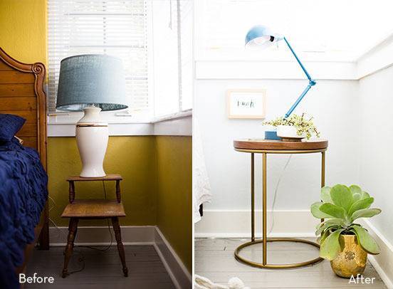 "Before picture bedroom with nightstand and after picture with simple neat table with some plants."