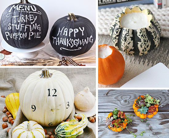 Black pumpkins with words, a white pumpkin with numbers, a gourd candle, and a pumpkin topped with fall berries and leaves.
