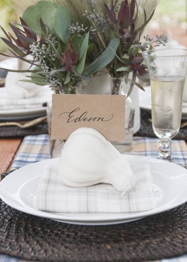 A table setting with a display of succulents and a nametag behind a white plate with a plaid napkin on it.