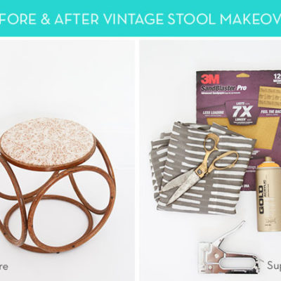 Vintage stool, and the items to update the cushion include nee fabric, scissors, a staple machine, and sand paper.