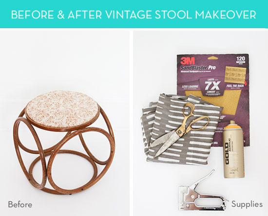 Vintage stool, and the items to update the cushion include nee fabric, scissors, a staple machine, and sand paper.