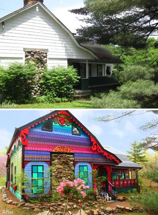 A two photo collage shows one white house and another colorful house.
