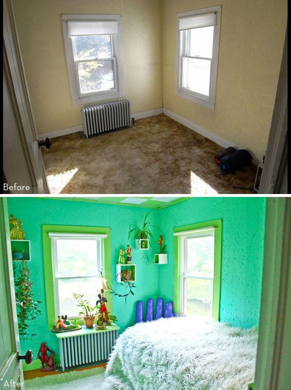 A two photo collage shows a room with white walls and a room with bright teal walls.