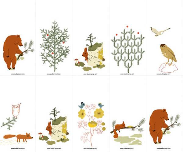 Bear holding a branch near a tree with other forest animals looking on.