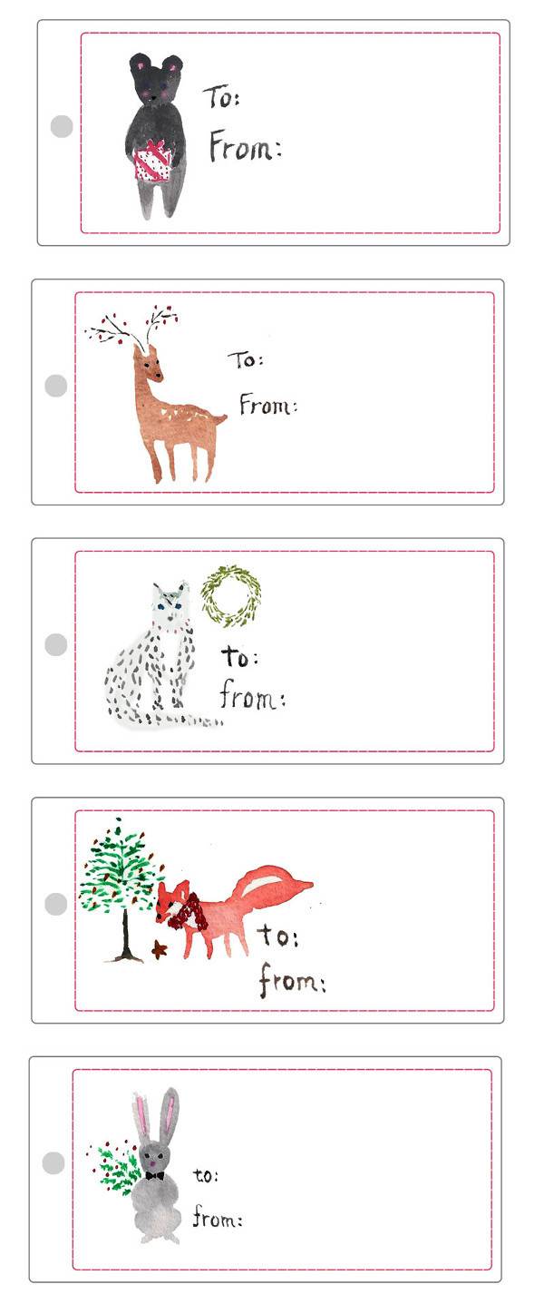 Five gift tags with animals on them, one bear, on reindeer, one snow leopard, one fox, and one bunny.