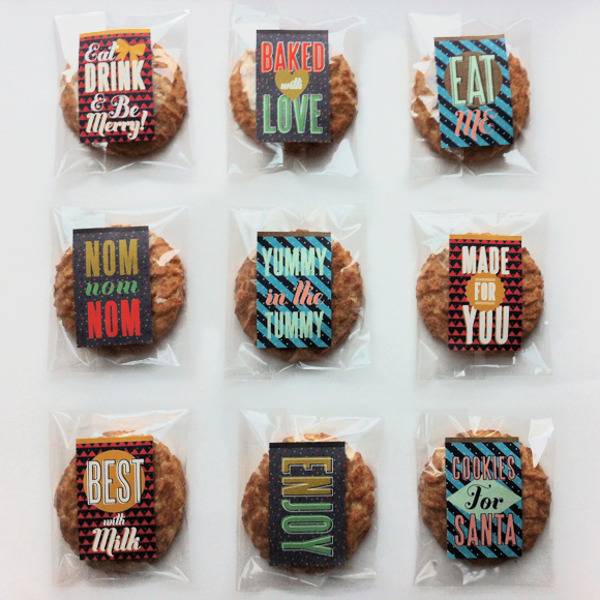 Nine individually wrapped cookies with sayings on them.