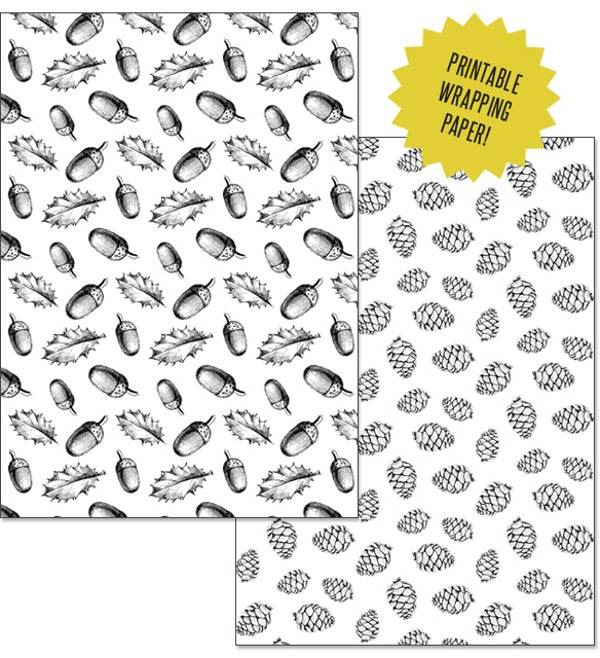 Wrapping paper samples with a design of falling leaves, acorns and pinecones, in black and white coloring.