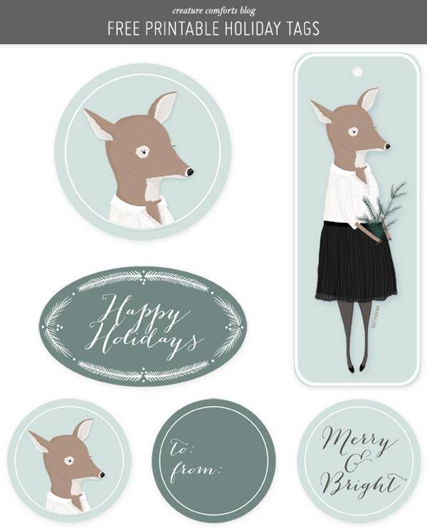 Six holiday tags, three have a deer on them.