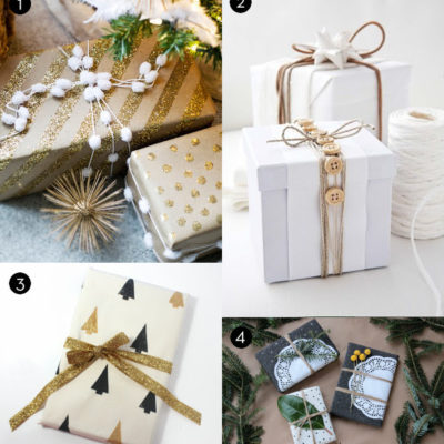 Gift boxes wrapped in rope bows with bead garlands.