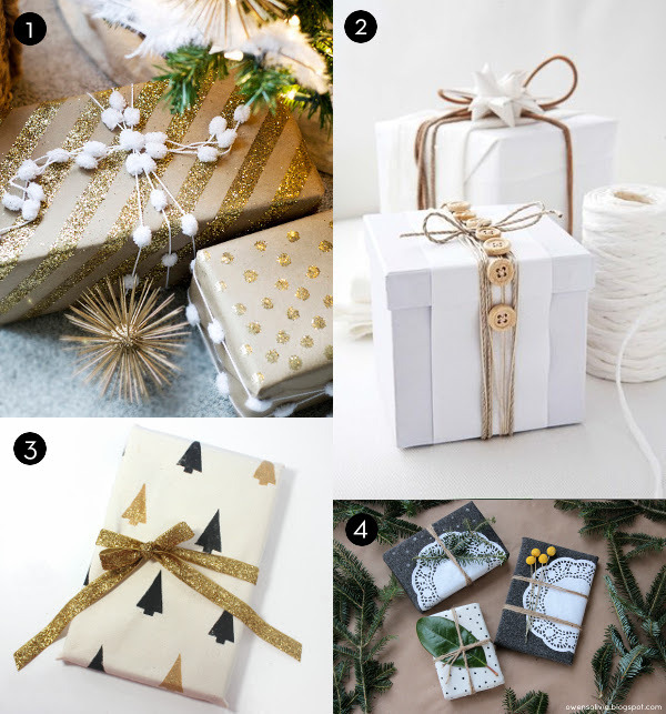Gift boxes wrapped in rope bows with bead garlands.