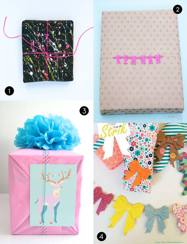 A deer on a pink box with the blue bow, black splatter with a pink bow, brown paper bag with dots pink ribbon, and just a bunch of bows for gift wrapping.