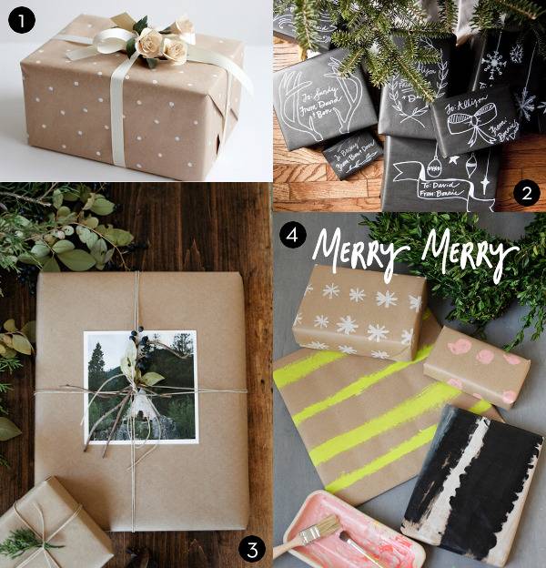 A present wrapped in tan paper with white polka dots, several presents wrapped with black and white paper, a present wrapped with a photograph tucked under the string and several presents with brown paper and handmade stars and yellow stripes.