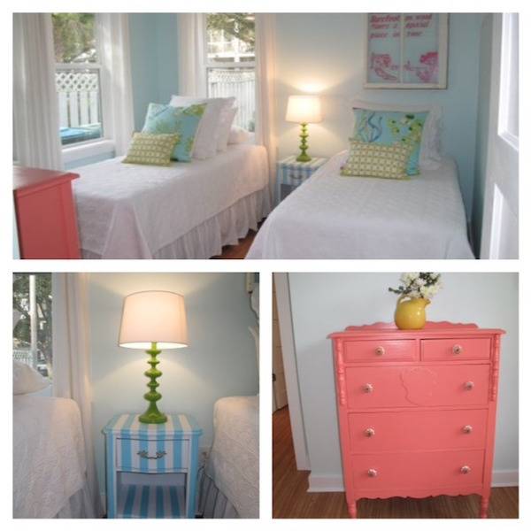 Pastel items and furnishings are decorating a bedroom.