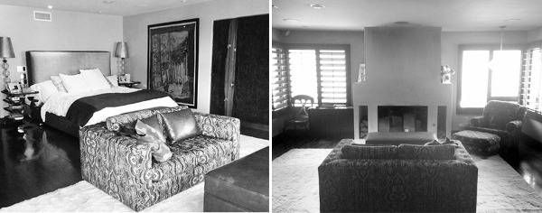 A double view of two bedrooms with gray, black and white color scheme.