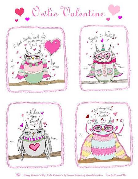 Four drawings of owls in grey, green and pink.