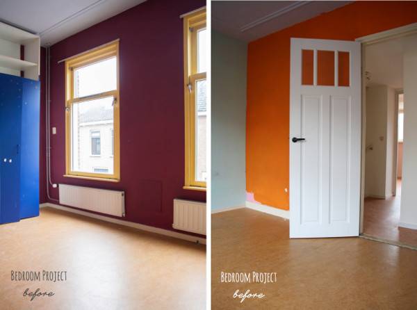 An empty room with purple walls has one blue wall, and a white door is open into a room with orange and blue walls.