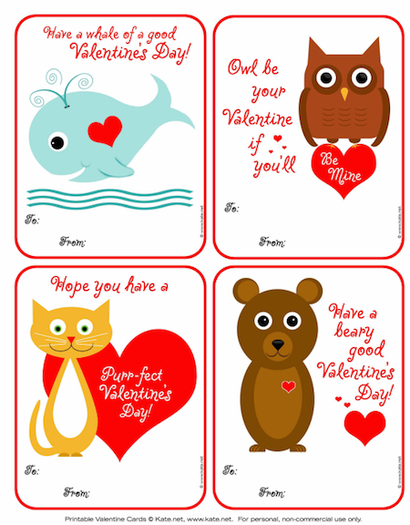 Printable valentines day cards with animals paired next to hearts.